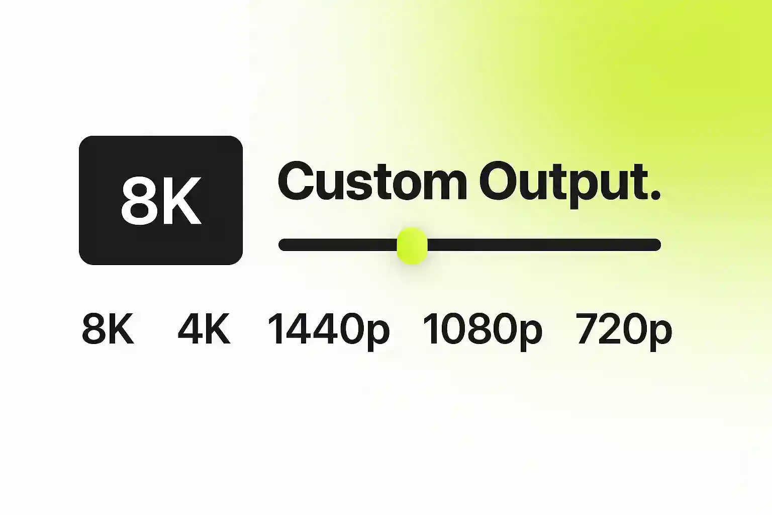 A resolution selector UI from 480p to 8K showing custom output control for face swap